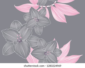Patrón sin foco con hojas exóticas tropicales abstractas y lirio floral.