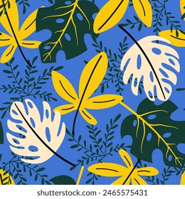 Seamless pattern with abstract tropical exotic leaves. Colorful vector background for various surface. Tropical leaves on a blue background. Seamless exotic pattern with tropical plants.