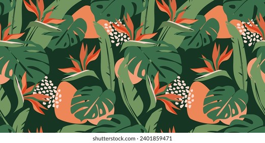 Seamless pattern with abstract tropical floral print of palm leaves, monstera, strelitzia flowers. Vector graphics.