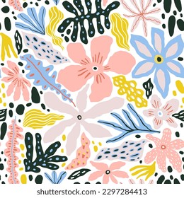 Seamless pattern with abstract tropical flowers, leaves and shapes. Summer jungle florals design. Great for fabric, textile, wrapping paper, wallpaper. Vector texture