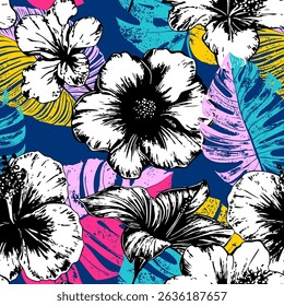 Seamless pattern with abstract tropical flowers. Creative texture for fabric, wrapping, textile, wallpaper, apparel. Bright vector illustration background