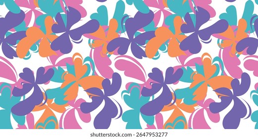 Seamless pattern with abstract tropical flowers in orange, purple, teal, and pink on white. Playful bold design for wrapping paper, beachwear, girl fashion, modern textile, summer party prints.