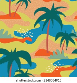 Seamless pattern of a abstract tropical island with sea and palm tree. Modern exotic jungle plants illustration in vector.