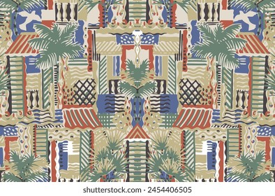 Seamless pattern of a abstract tropical island with sea and palm tree. Modern exotic jungle plants illustration in vector.
