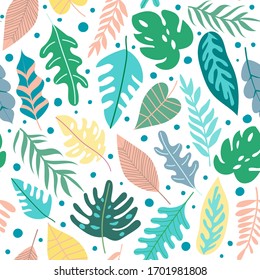 Seamless pattern with abstract tropical jungle leaves. Collection of trendy foliages. Cartoon vector illustration