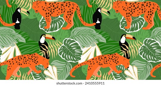 Seamless pattern with abstract tropical jungle. Animals leopards, toucans against the background of palm leaves, monstera. Vector graphics.