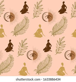 Seamless pattern with abstract tropical leaf, esoteric symbols, plants and woman body silhouette. Editable vector illustration.