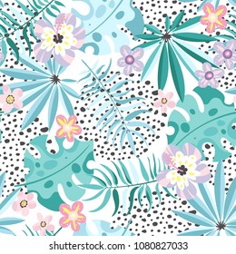 Seamless pattern with abstract tropical leaves and flowers in trendy color. Vector illustration. Seamless pattern with abstract tropical leaves and flowers in trendy color. Vector illustration.