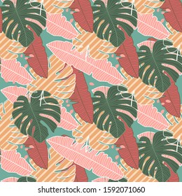 Seamless pattern with abstract tropical leaves. Exotic design for fabric, textile print, wrapping paper. Vector illustration