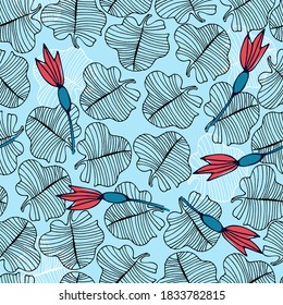Seamless pattern with abstract tropical leaves and flowers on blue background for surface design and other design projects