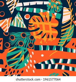 seamless pattern with abstract tropical leaves and geometric shapes , vector design for paper, fabric and other surface