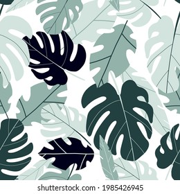 Seamless pattern with abstract  tropical leaves. Trendy art in collage style. 