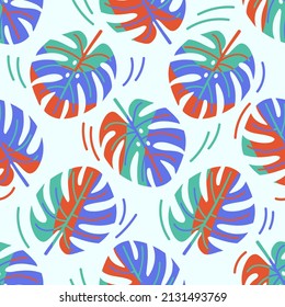 Patrón sin foco de hojas tropicales abstractas de monstera. Estilo plano, hojas exóticas en colores inusuales. Patrón de repetición vectorial, fondo aislado.