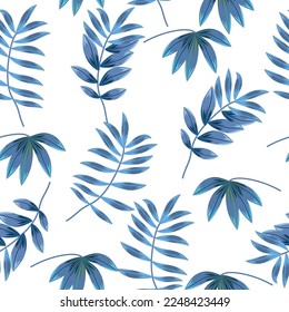 Seamless pattern with abstract tropical leaves of palm tree on white. Vector background, jungle wallpaper for fabric, textile.