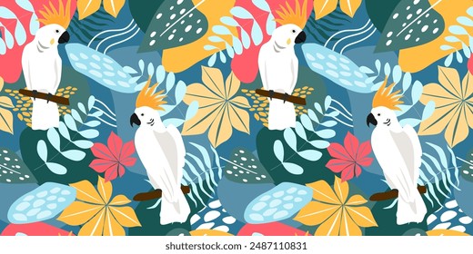 Seamless pattern with abstract tropical leaves, branches, parrots. Summer bright exotic print with cockatoos in the jungle. Vector graphics.