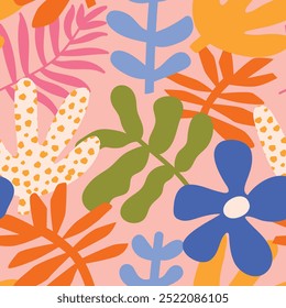 Seamless pattern with abstract tropical leaves and flowers, flat style illustration