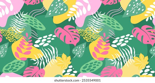 Seamless pattern with abstract tropical leaves and branches. Exotic natural print. Vector graphics.