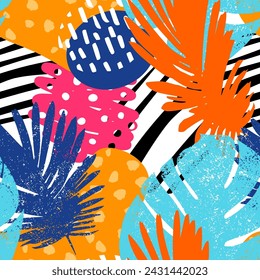Seamless pattern with abstract and tropical liaves.. Creative bright texture for fabric, wrapping, textile, wallpaper, apparel. Vector illustration 