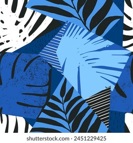 Patrón sin fisuras con hojas tropicales abstractas. Textura creativa para tela, envoltura, textil, Fondo de pantalla, ropa. Fondo de Ilustración vectorial azul oscuro