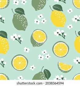 Seamless pattern of abstract tropical limes or lemons fruits with leaves and flowers vector illustration