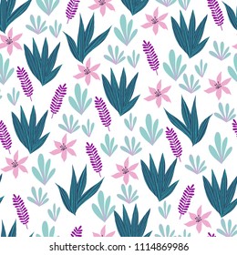 Seamless pattern with abstract tropical palm leaves and flowers. Vector illustration.