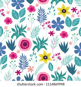 Seamless pattern with abstract tropical palm leaves and flowers. Vector illustration.