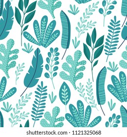 Seamless pattern with abstract tropical palm leaves and flowers. Vector illustration.