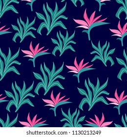 Seamless pattern with abstract tropical palm leaves and flowers. Vector illustration.