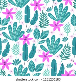 Seamless pattern with abstract tropical palm leaves and flowers. Vector illustration.