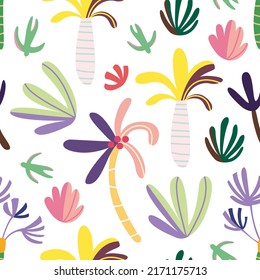 Seamless pattern of abstract tropical palms, bushes, swallows. Cute decorative jungle rainforest tree and plant. Summer bird, palm plantation.Beach kids doodle. Hand drawn colorful vector illustration