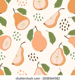 Seamless pattern of abstract tropical pear fruits with leaves and slices vector illustration