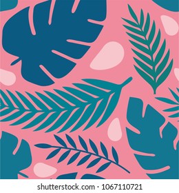 Seamless pattern with abstract and tropical shapes. Abstract flowers in pastel colors