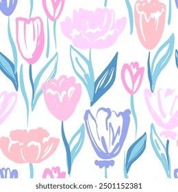 Modelo inconsútil de flores abstractas del tulipán en estilo moderno. Impresión floral del dibujo de la mano en el fondo blanco. Ilustración vectorial de color brillante 