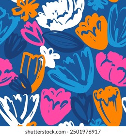 Seamless pattern of abstract tulip flowers in modern style. Floral hand draw print for fabric, textile, wallpaper, apparel. Bright color Vector illustration 