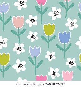 Seamless pattern of abstract tulip flowers in modern style. Floral hand draw print for fabric, textile, wallpaper, apparel. Bright color Vector illustration