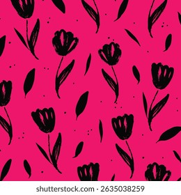 Seamless pattern of abstract tulip flowers in modern style. Floral hand draw print on pastel background. Bright color Vector illustration