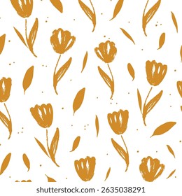 Modelo inconsútil de flores abstractas del tulipán en estilo moderno. Impresión floral del dibujo de la mano en el fondo blanco. Ilustración vectorial de color brillante 