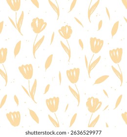 Seamless pattern of abstract tulip flowers in modern style. Floral hand draw print on white background. Bright color Vector illustration 