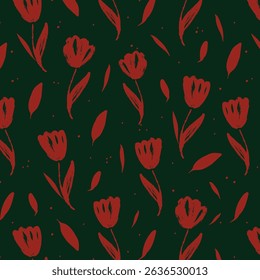 Seamless pattern of abstract tulip flowers in modern style. Floral hand draw print on white background. Bright color Vector illustration 