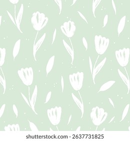 Seamless pattern of abstract tulip flowers in modern style. Floral hand draw print on pastel background. Bright color Vector illustration
