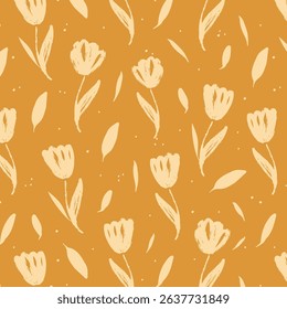 Seamless pattern of abstract tulip flowers in modern style. Floral hand draw print on white background. Bright color Vector illustration 