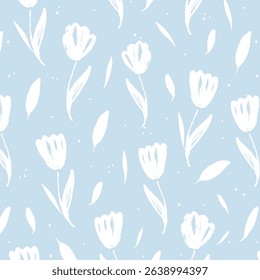 Seamless pattern of abstract tulip flowers in modern style. Floral hand draw print on pastel background. Bright color Vector illustration