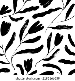 Seamless pattern with abstract tulips. Hand-drawn naive and infantile style of flowers. Vector black silhouettes of tulips on a thin stems. Contemporary floral ornament with brush stroke texture. 