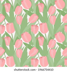 Seamless pattern of abstract tulips. Vector pink tulip buds with green leaves.