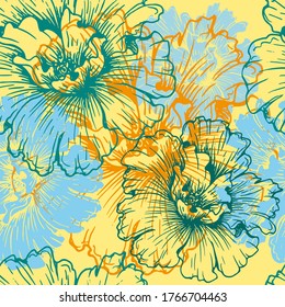 Seamless pattern with abstract turquoise flowers on a yellow background. Vector illustration