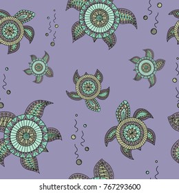 Seamless pattern with abstract turtles in doodle style.