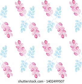 Seamless pattern with abstract twigs with leaves of pink and blue color on a white background. It is done with the help of watercolor. Can be used for the design.Without background. Vector