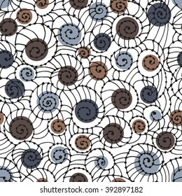 Seamless pattern with abstract twirl figures with color circles. Vector hand drawn waves texture, wavy background