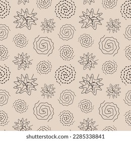 Seamless pattern with abstract twirls and spirals. Vector illustration of lines twisted in circle. Drawing of round dotted swirls and wavy whirls.