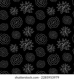 Seamless pattern with abstract twirls and spirals on dark background. Vector illustration of lines twisted in circle. Drawing of round dotted swirls and wavy whirls.